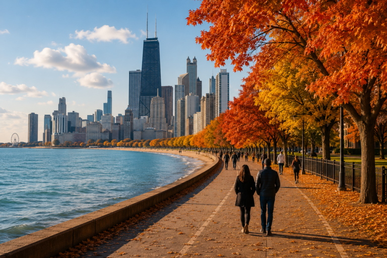 Chicago lakefront in fall with colorful autumn foliage and skyline views