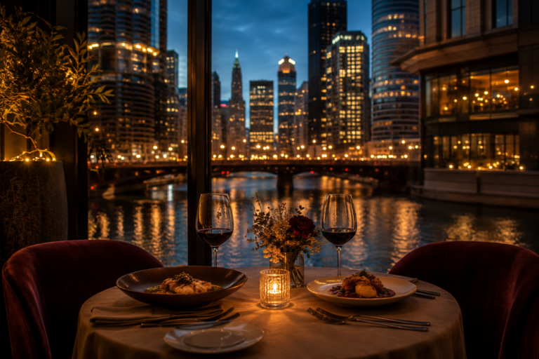 Romantic dinner for two overlooking the Chicago River at night