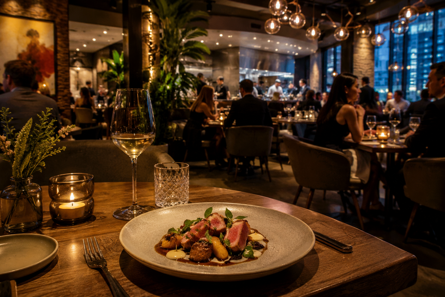 Contemporary fine dining restaurant in Chicago with an elegantly plated dinner