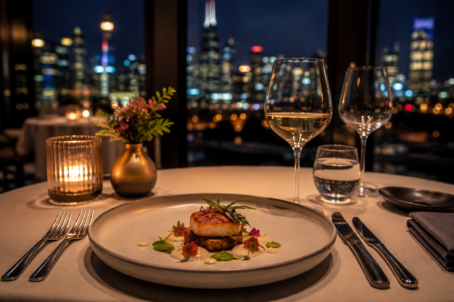 Elegant fine dining tasting menu with Chicago skyline views