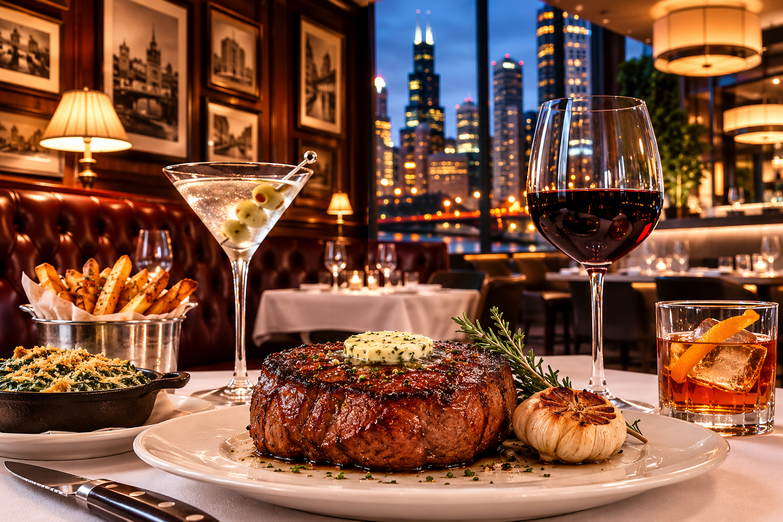Steak dinner with martini and wine in an elegant Chicago steakhouse
