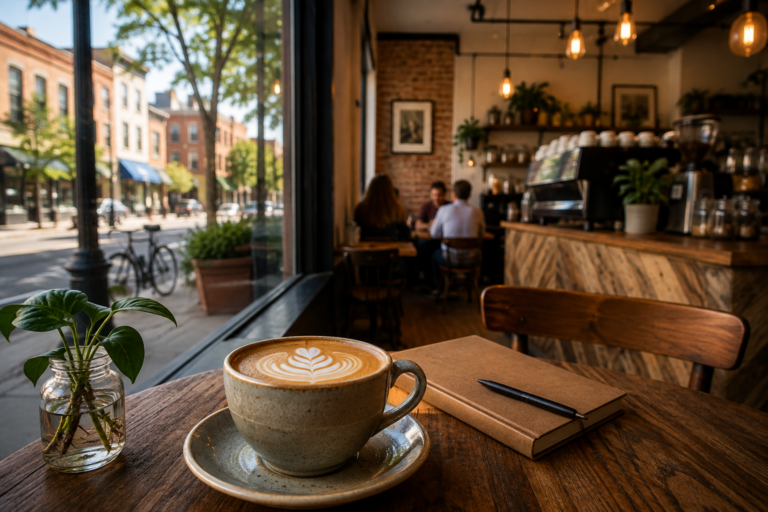 Latte inside an independent Chicago neighborhood coffee shop
