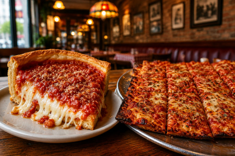 Chicago deep-dish pizza beside square-cut tavern-style pizza