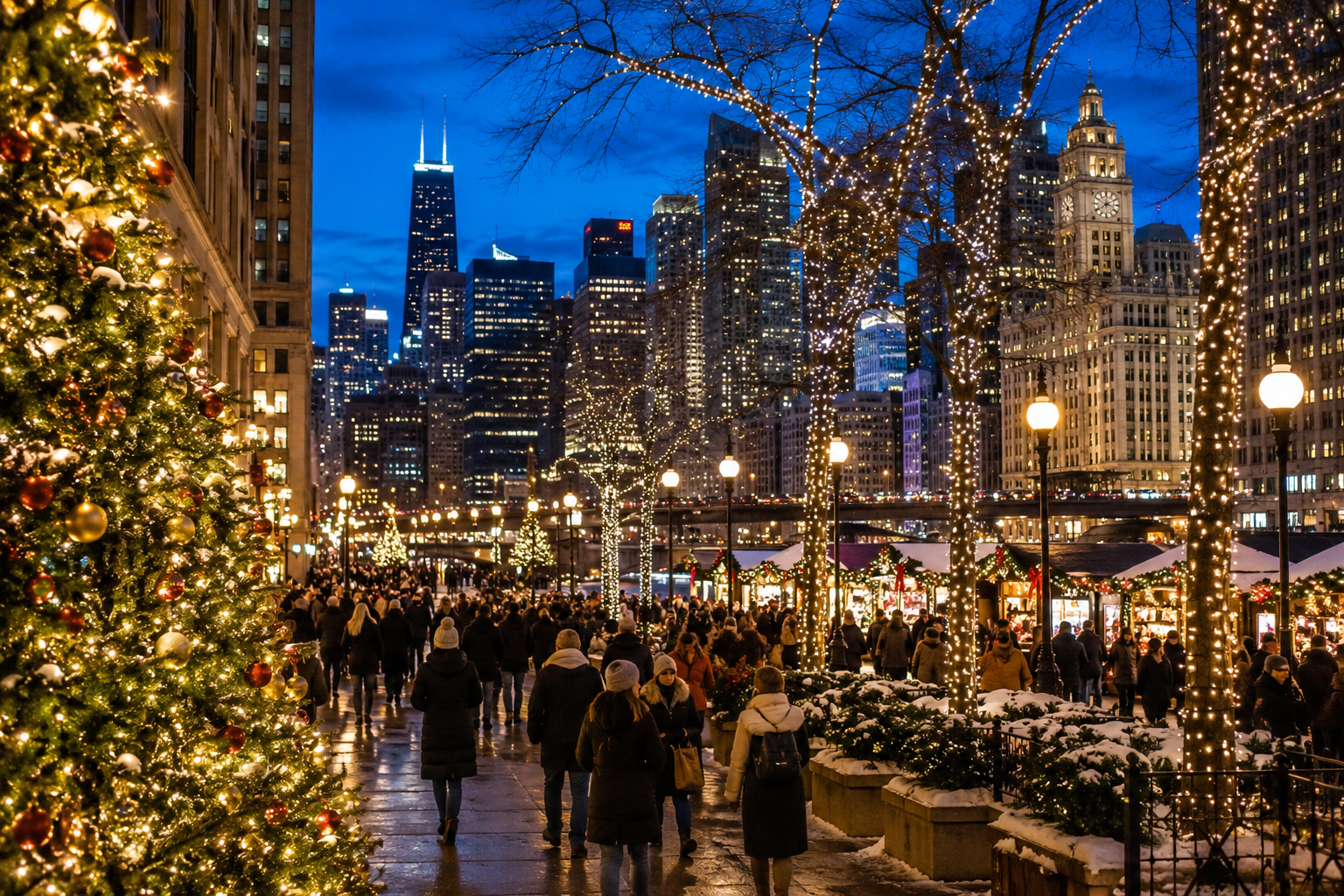 Chicago illuminated with holiday lights during the winter holiday season