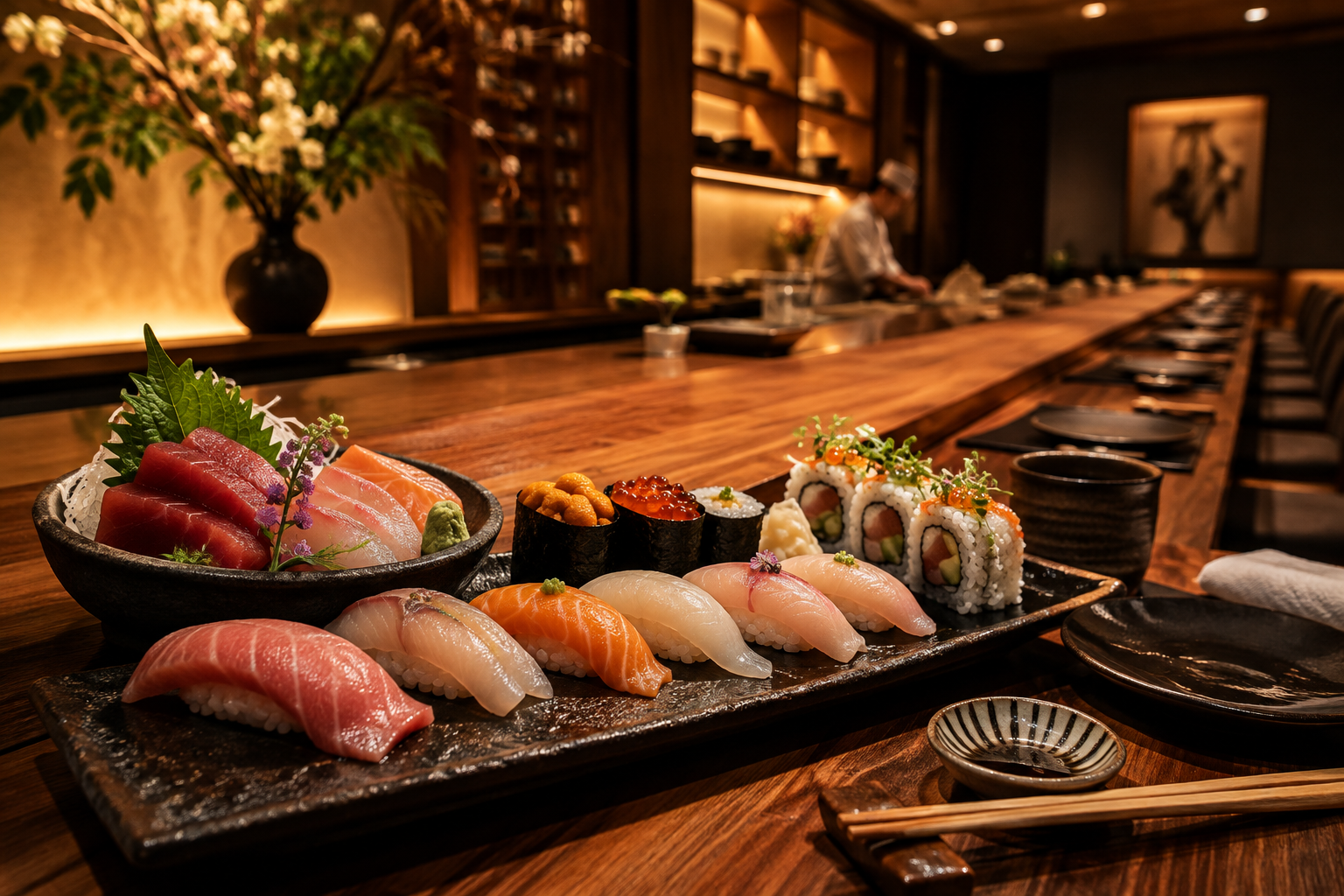 Nigiri, sashimi, and sushi rolls at an elegant Chicago sushi counter
