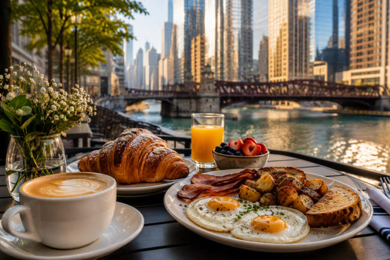 Breakfast with coffee and pastries overlooking the Chicago River