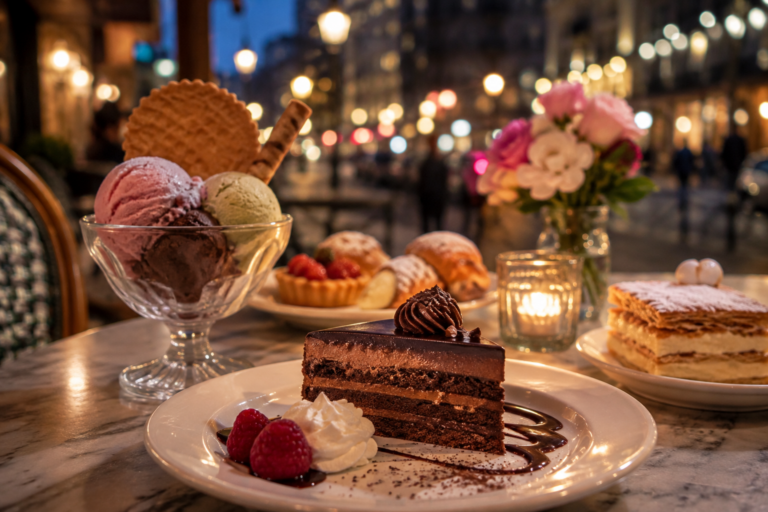 Chocolate cake, gelato, and pastries at a Chicago dessert spot