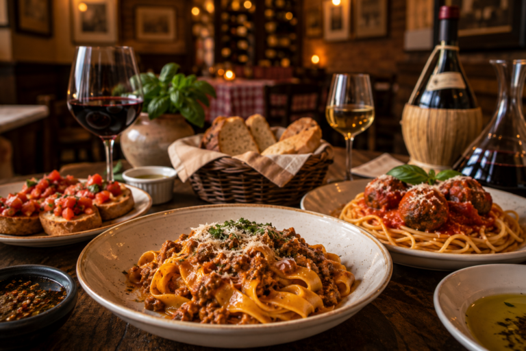 Italian pasta dishes with bread and wine in a warm Chicago restaurant