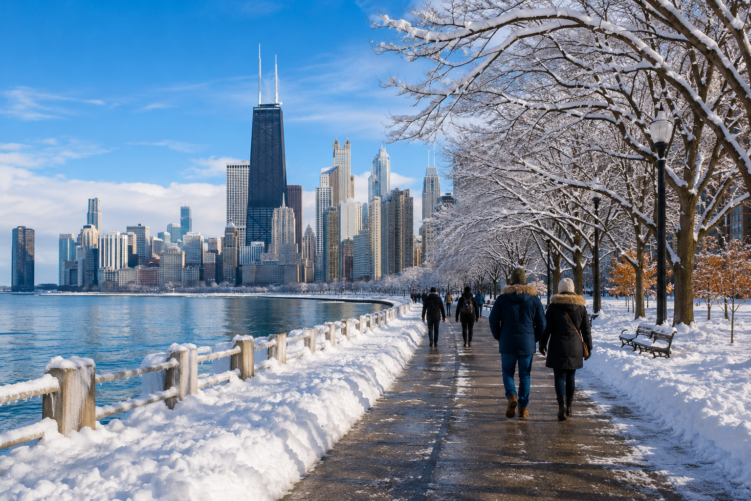 Chicago lakefront in winter with snow-covered trees and skyline views
