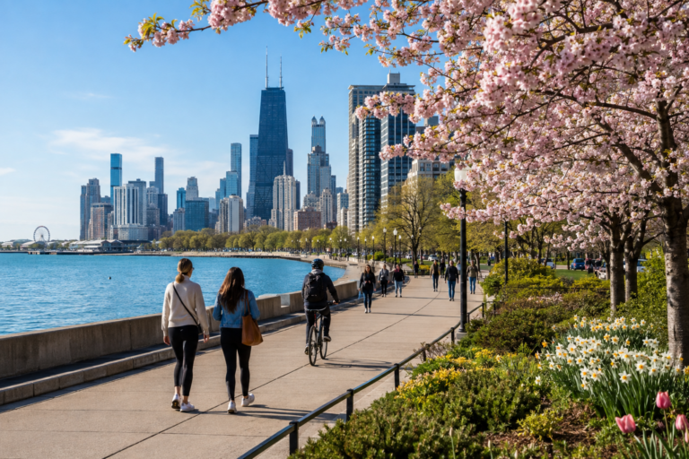 Chicago lakefront in spring with blooming trees and skyline views