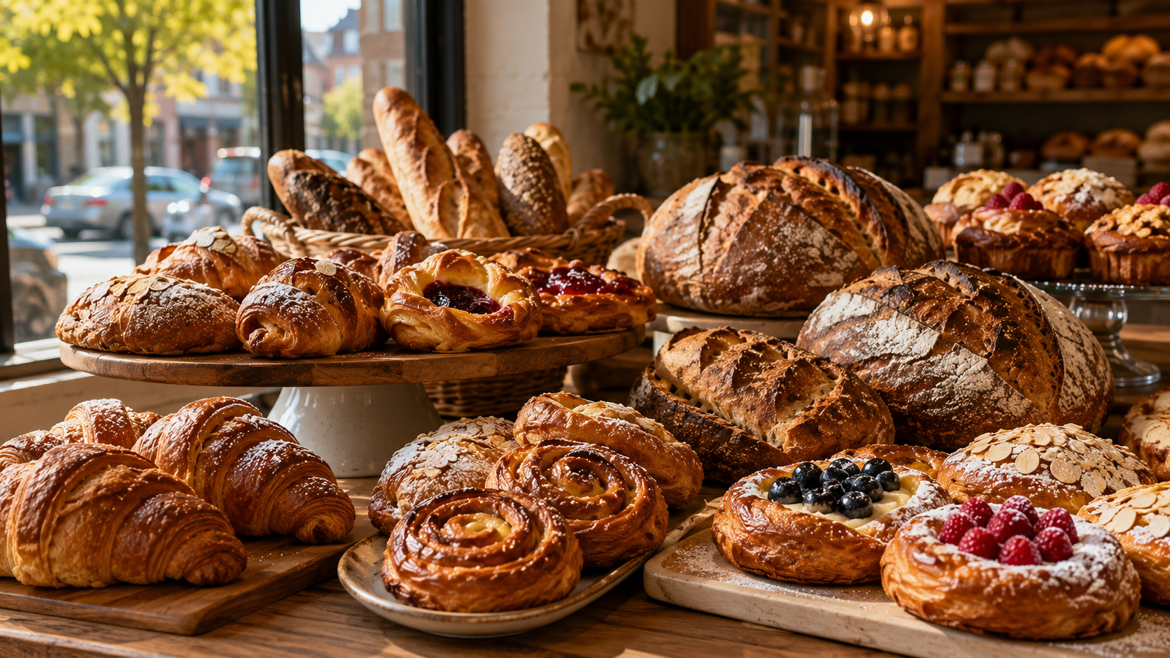 Fresh breads and pastries displayed at a Chicago neighborhood bakery