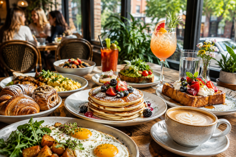 Chicago brunch table with pancakes, eggs, pastries, coffee, and daytime cocktails