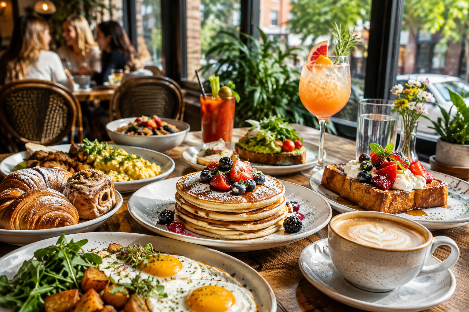 Chicago brunch table with pancakes, eggs, pastries, coffee, and daytime cocktails