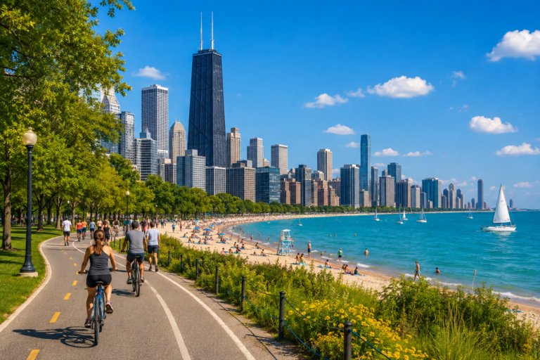 Chicago lakefront and skyline on a sunny summer day