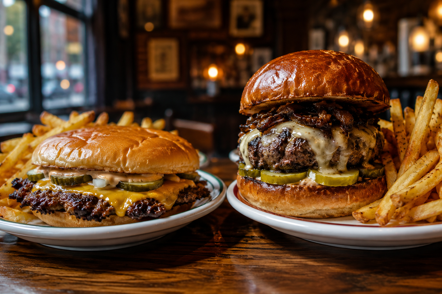 Smash burger and stacked chef-driven burger with fries in a Chicago tavern