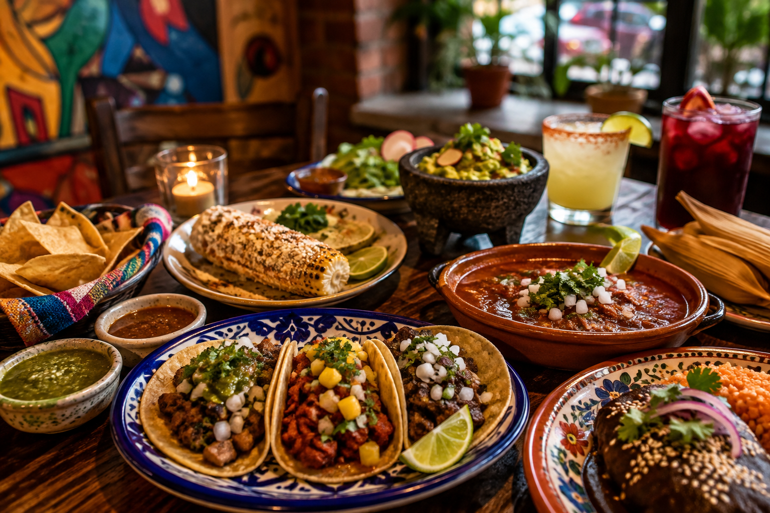 Mexican dishes including tacos, birria, mole, and elote at a Chicago restaurant