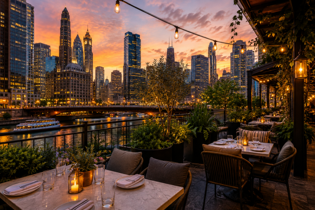 Outdoor dining terrace overlooking the Chicago River and skyline at sunset