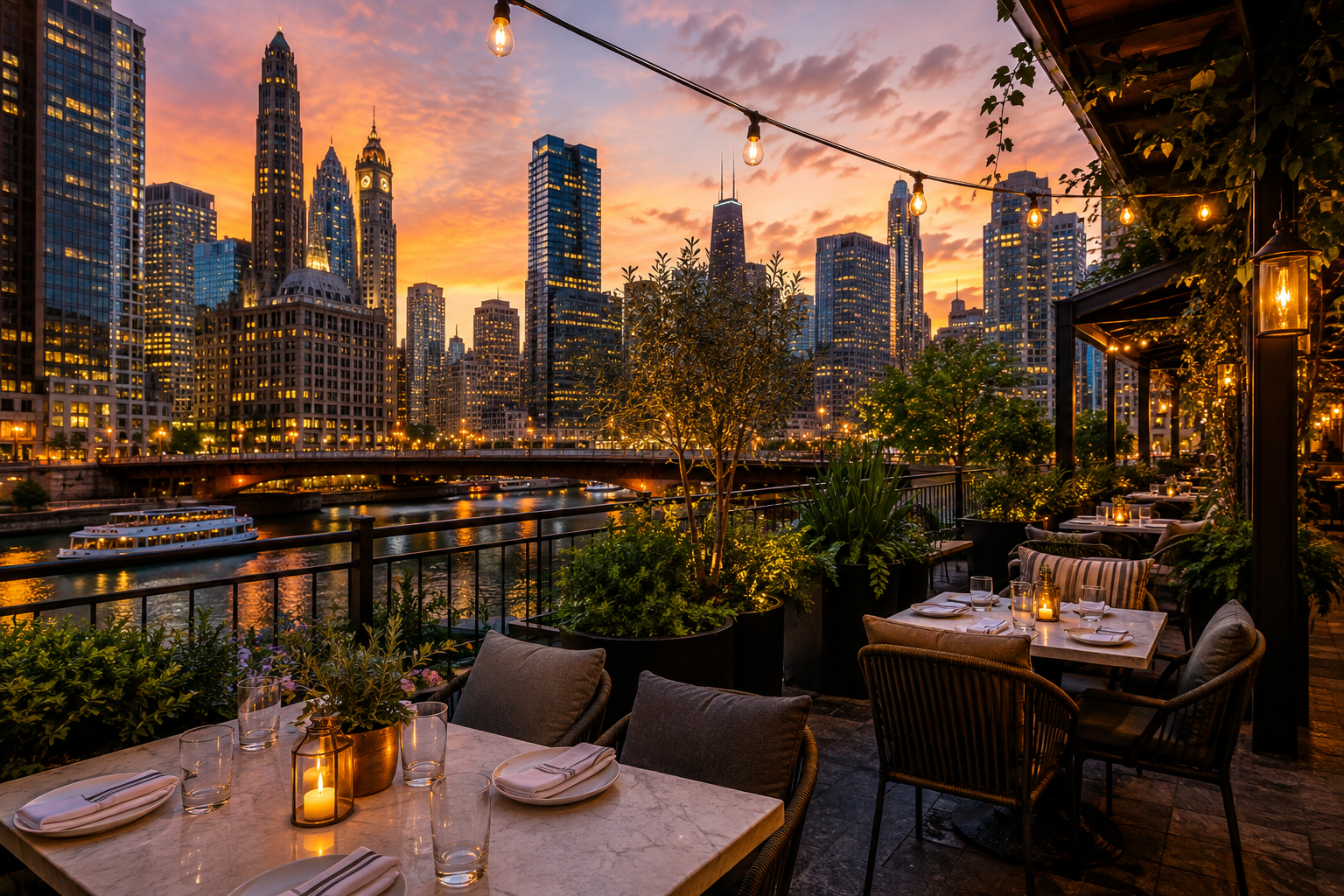 Outdoor dining terrace overlooking the Chicago River and skyline at sunset