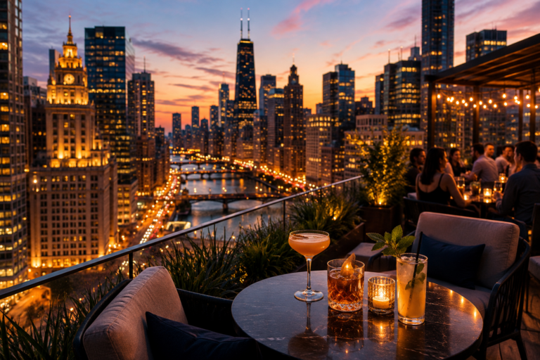 Cocktails at a Chicago rooftop bar overlooking the skyline and river at sunset