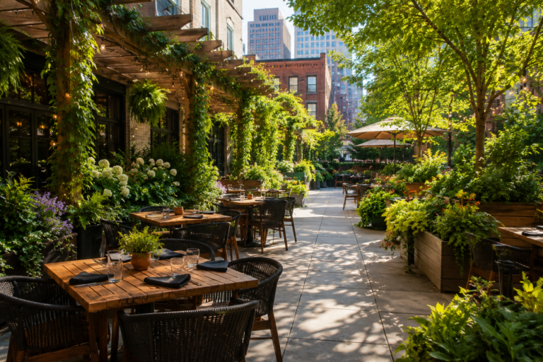 Lush outdoor restaurant patio with greenery and tables in Chicago