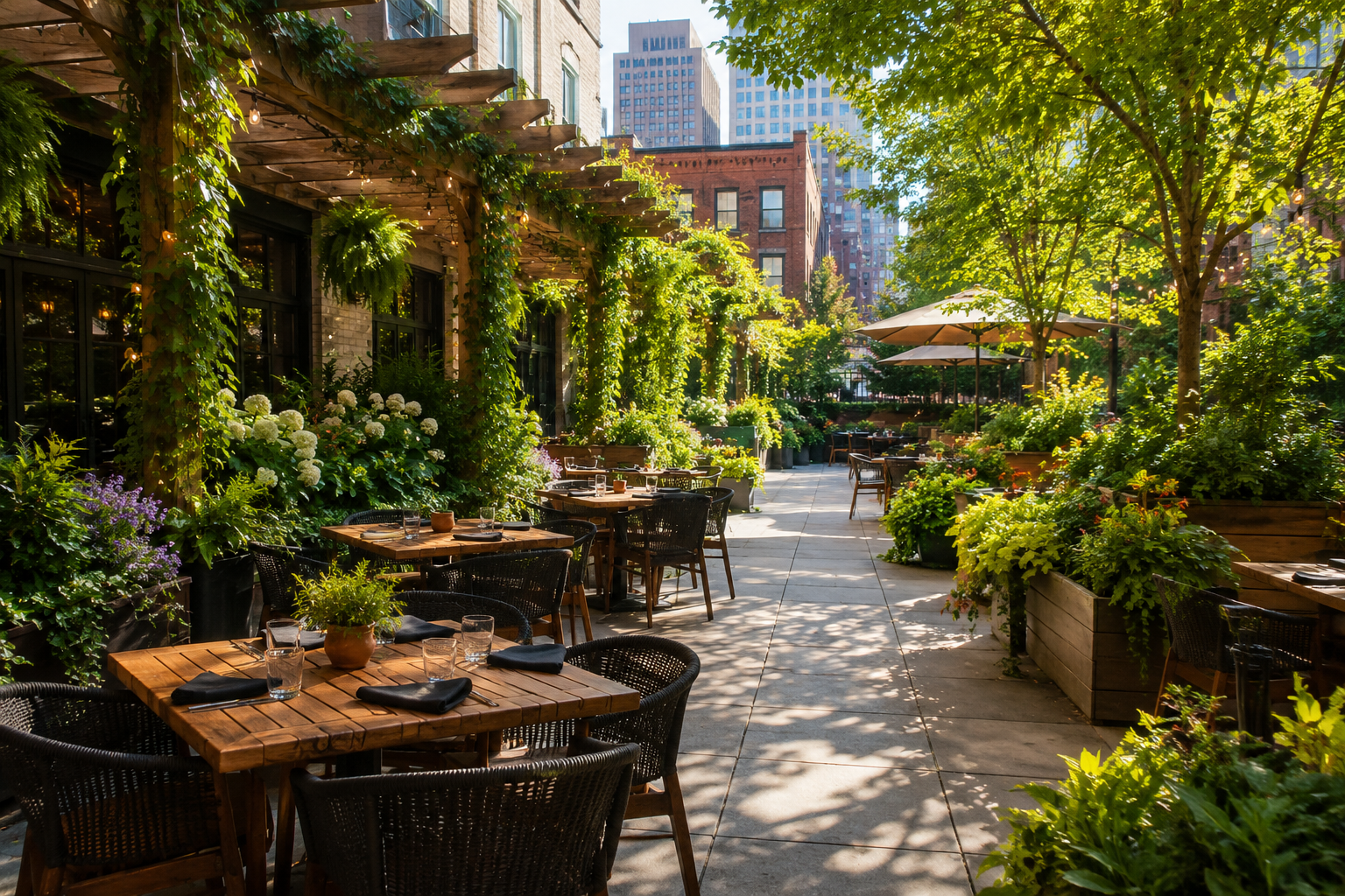 Lush outdoor restaurant patio with greenery and tables in Chicago