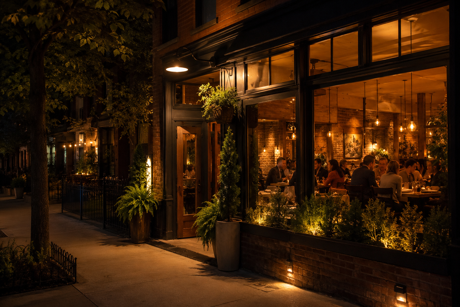 Intimate neighborhood restaurant glowing at night in Chicago