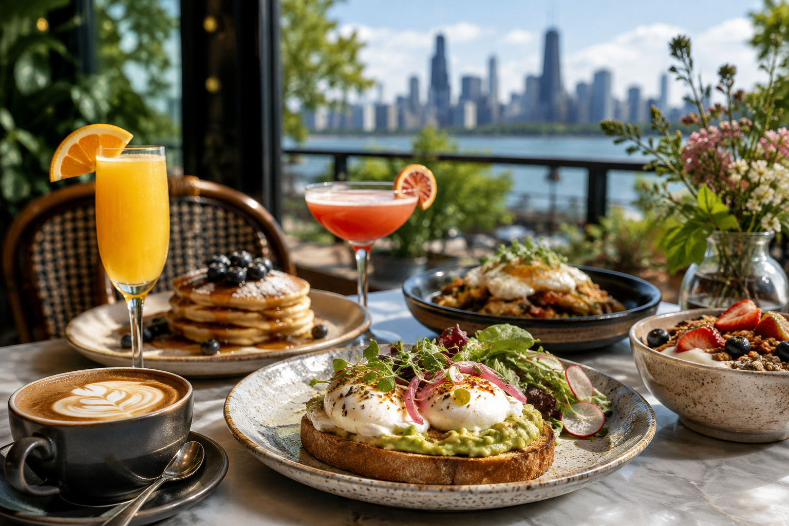 Brunch dishes and cocktails with the Chicago skyline in the background