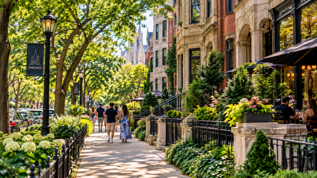 Tree-lined Chicago neighborhood street with historic architecture and outdoor dining