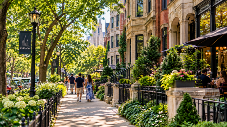 Tree-lined Chicago neighborhood street with historic architecture and outdoor dining