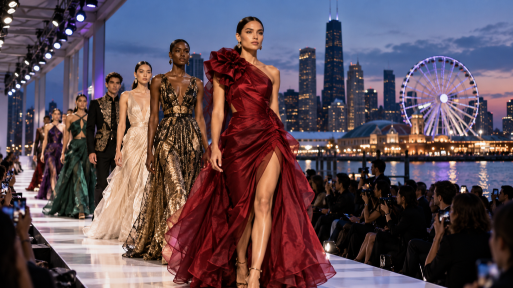 Fashion models walking a runway with Navy Pier and the Centennial Wheel in the background
