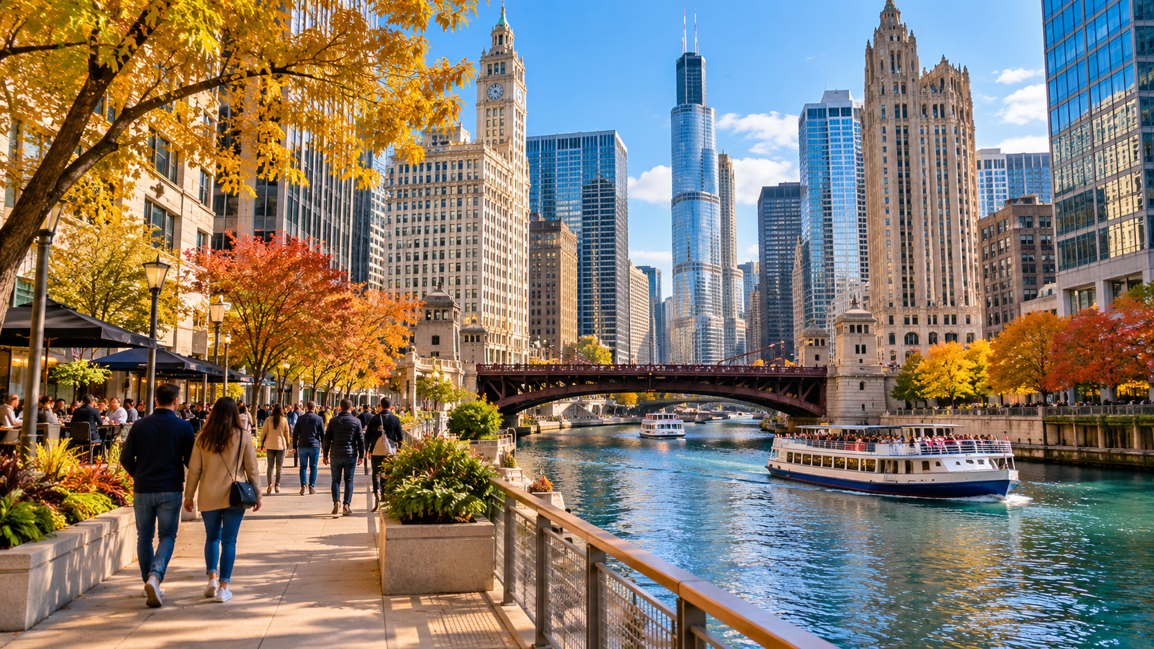 Chicago Riverwalk with downtown architecture and fall foliage