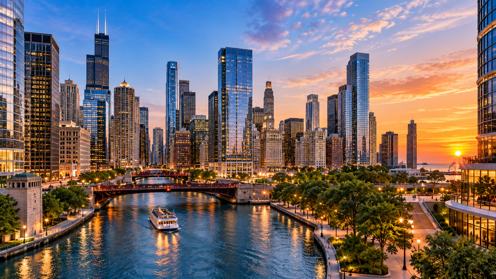Chicago skyline and river at sunset