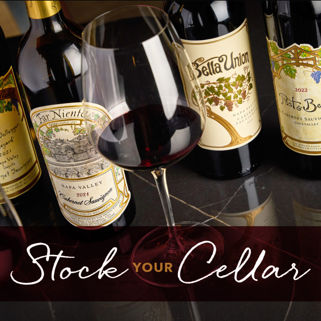 Stock Your Cellar promotional artwork featuring wine bottles, a glass of red wine, and the event name.