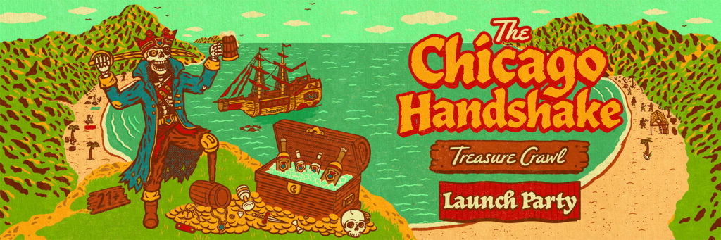 Official illustrated banner for the Chicago Handshake Treasure Crawl Launch Party, featuring a pirate, treasure chest, and event title.