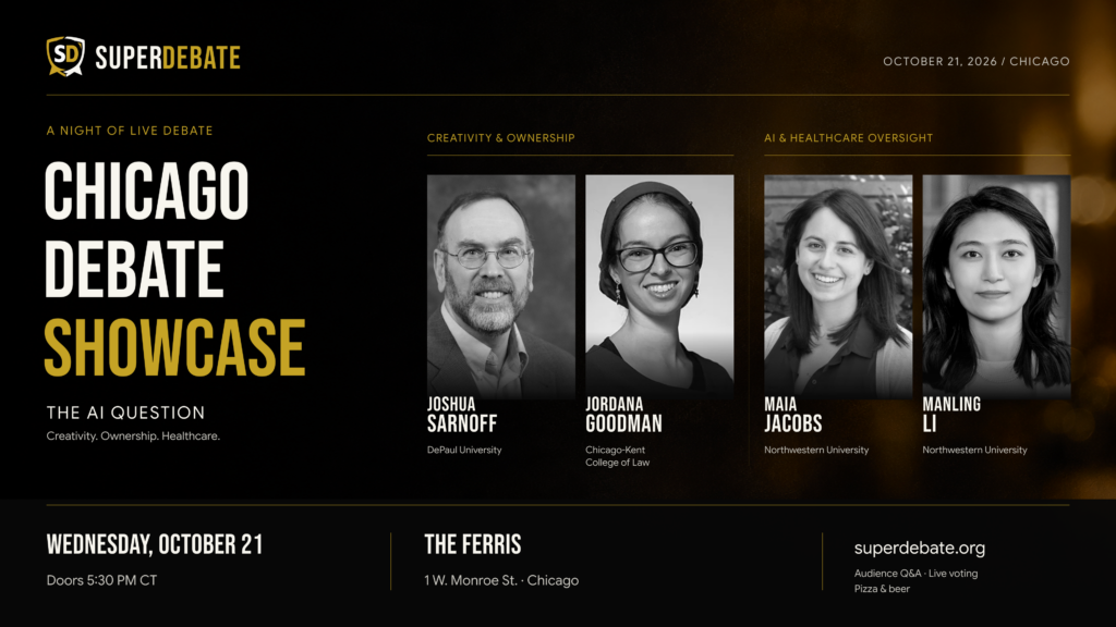 Chicago Debate Showcase poster featuring four speakers and event details for October 21, 2026.