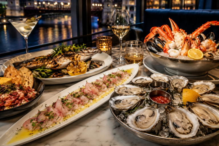 Seafood spread with oysters, shellfish, crudo, and whole fish at a Chicago restaurant
